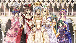 digital wallpaper of seven anime characters wearing dresses