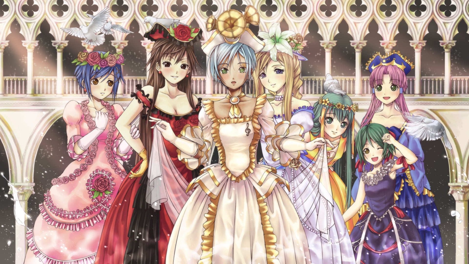 digital wallpaper of seven anime characters wearing dresses