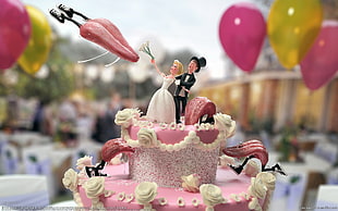 pink and white icing-covered cake, cake, fantasy art, artwork, humor
