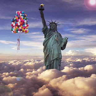 edited photo of woman holding bunch of helium balloons floating above clouds with statue of Liberty