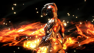 woman character with fire digital wallpaper