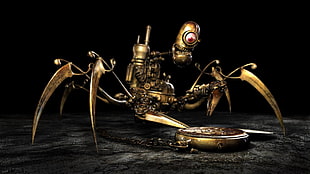 gold-colored and black horse figurine, robot, creepy, gold, steampunk HD wallpaper