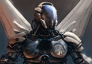 gray winged armor robot, fantasy art, cyborg, robot, futuristic