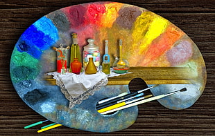 multicolored paint palette, oil painting, paintbrushes, colorful