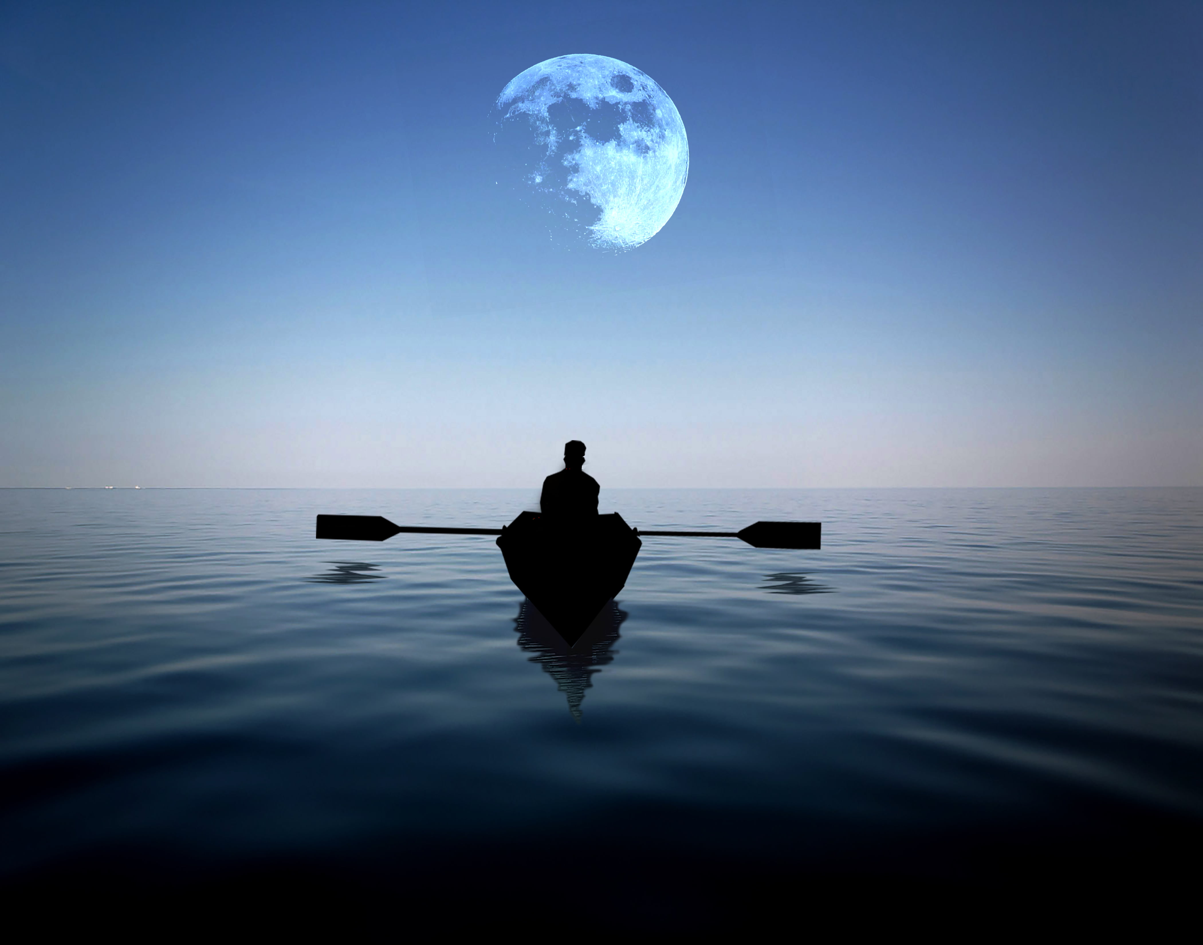 Man riding on a boat alone in the sea with moon hovering above at night HD  wallpaper | Wallpaper Flare