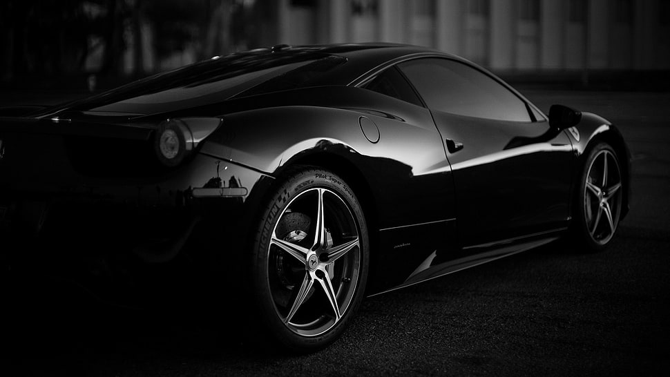 black coupe, car, Ferrari, monochrome, depth of field HD wallpaper