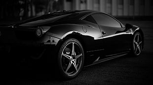 black coupe, car, Ferrari, monochrome, depth of field
