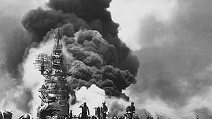 grayscale photo of soliders, monochrome, World War II, explosion, war