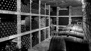 wine cellar, monochrome, photography, cellars, bottles HD wallpaper