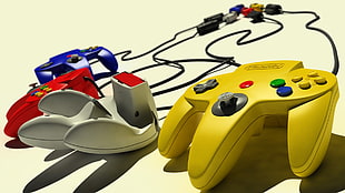 yellow and blue game controllers