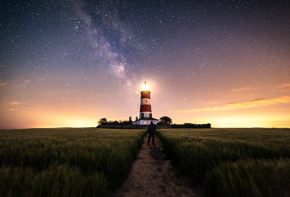 man surrounded by green grass during nightime, happisburgh lighthouse, norfolk HD wallpaper