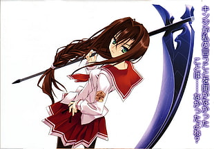 brown haired female anime character wearing white and red uniform while holding purple and black steel scythe