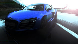 blue Audi coupe, Audi R8, blue, sunlight, road