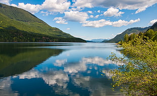 body of water with reflection of clouds near mountain