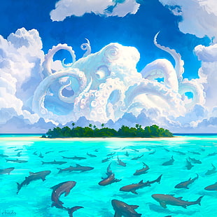 black sharks, green island and octopus cloud painting, digital art, artwork, painting, octopus