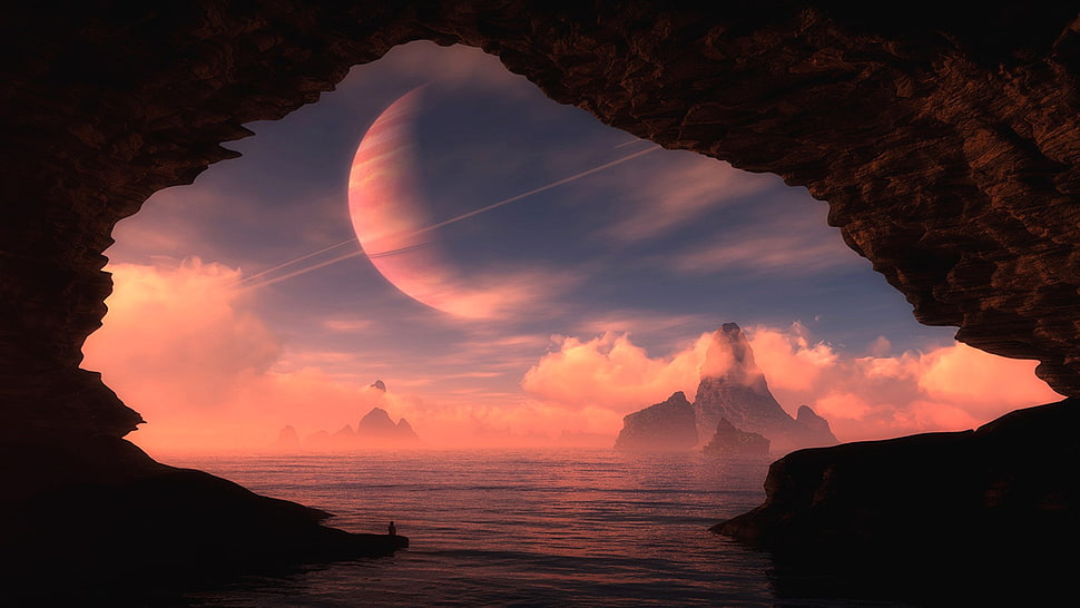 sea cave, digital art, science fiction, space art, planet HD wallpaper