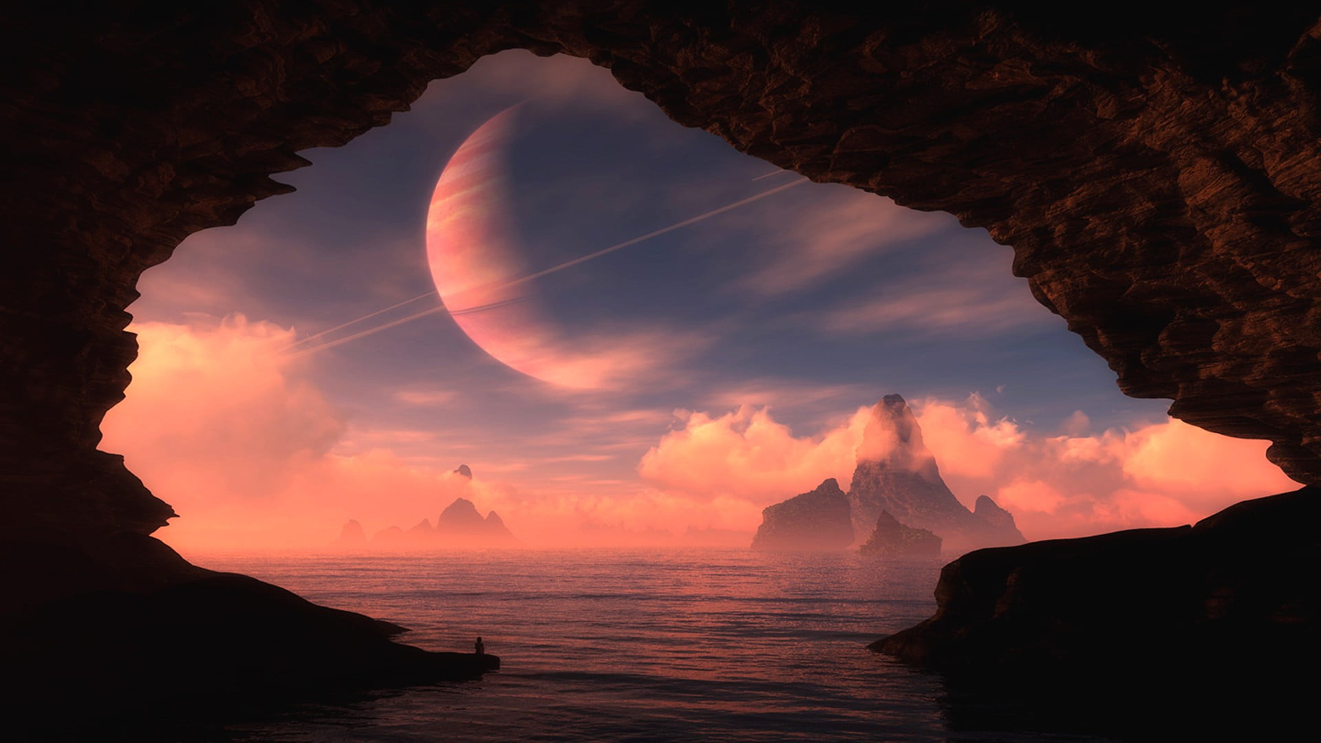 sea cave, digital art, science fiction, space art, planet