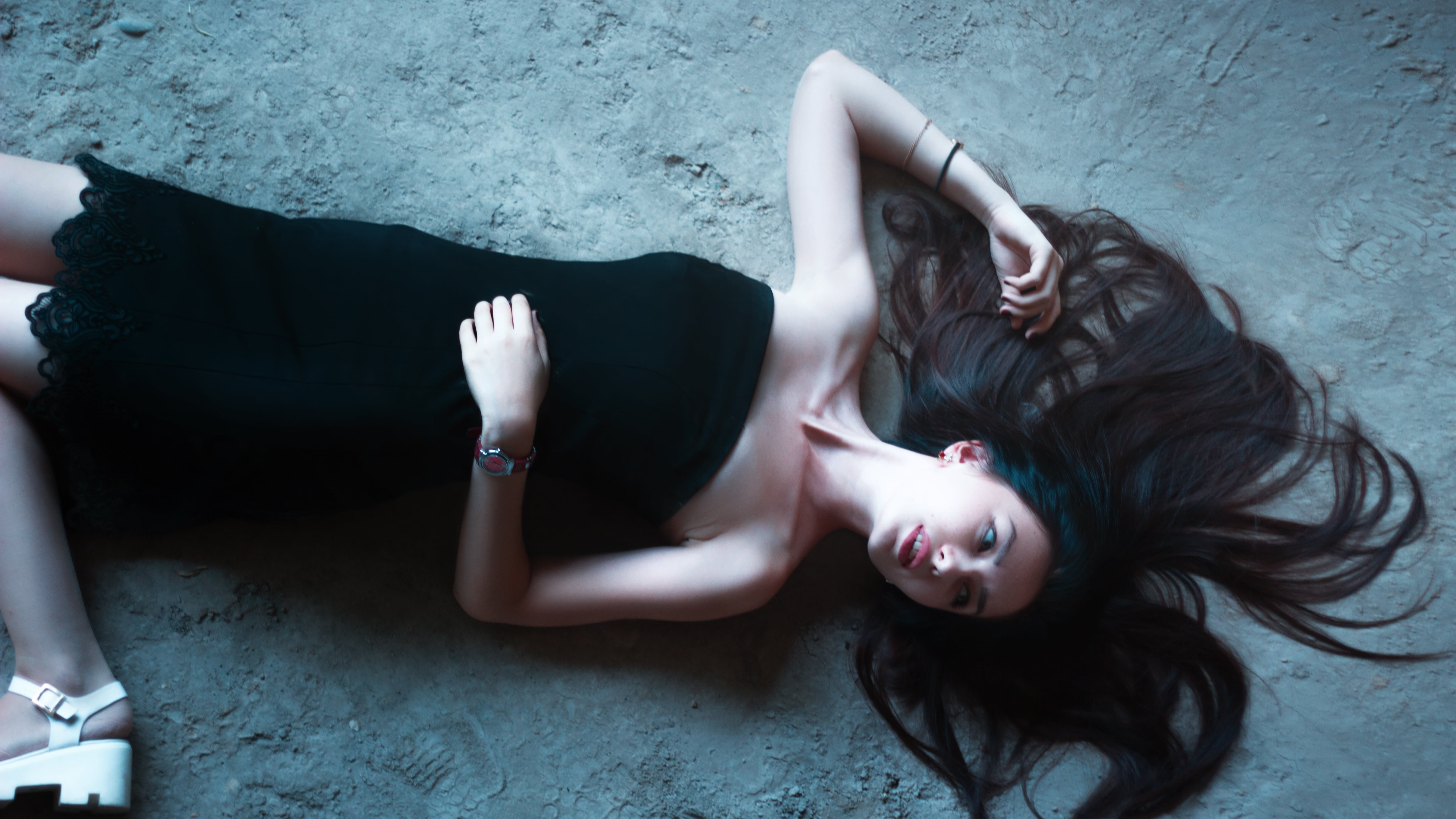 Woman In Black Strapless Dress Lying Down On The Floor Hd