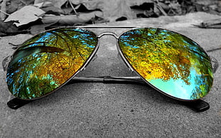 selective color of aviator sunglasses on stone reflecting trees and skies