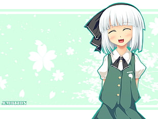 girl wears green and white uniform anime character