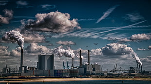 gray factory, sky, industrial, clouds, blue HD wallpaper