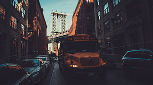 yellow school bus, New York City, dumbo, Manhattan Bridge, buses