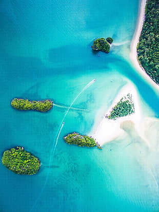 aerial view of islands, water, trees, tropical, island HD wallpaper