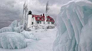 white and gray concrete house, landscape, ice, light house, winter