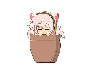 pink haired girl anime character in brown bowl illustration