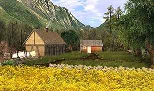 barn near house surrounded by mountain painting