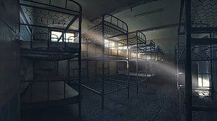 black metal bunk bed lot, architecture, interior, abandoned, silent