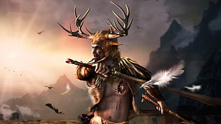 man holding staff animated digital wallpaper, sunlight, mountains, artwork, The Elder Scrolls V: Skyrim