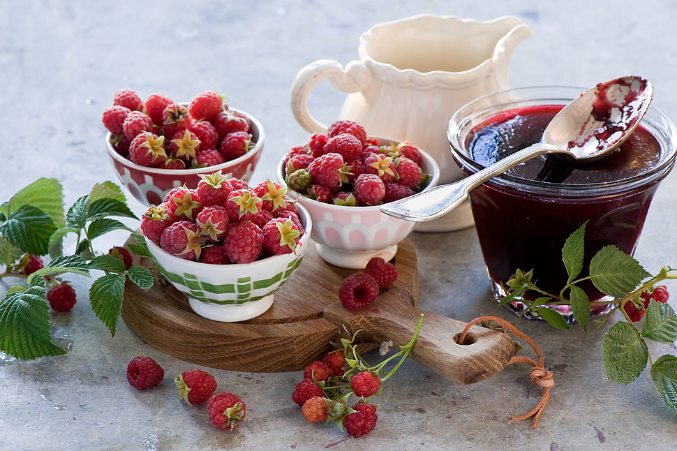 photography of three cups of strawberries near one cup of strawberry jam HD wallpaper