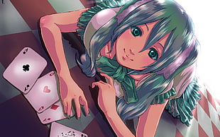 green haired girl anime character with three Ace playing cards wallpaper
