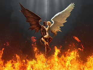 angel and devil hugging each other digital wallpaper