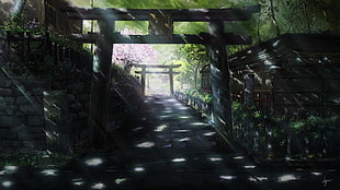 two brown wooden pergolas, anime, landscape