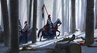 silver Knight riding on horse illustration HD wallpaper