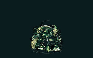 green, white, and black doodle illustration, minimalism, sea, underwater, diving