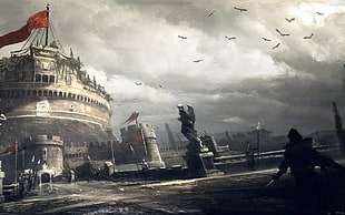 red flag on castle digital wallapper, Assassin's Creed: Revelations, Ezio Auditore da Firenze, Assassin's Creed, Italy