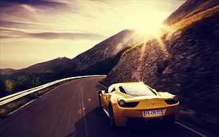 black and yellow RC helicopter, car, sunset, Ferrari, yellow cars HD wallpaper