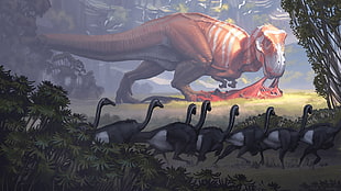 orange dinosaurs painting, dinosaurs, Simon Stålenhag