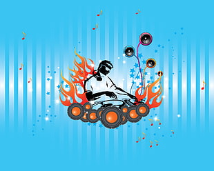 illustration of man using DJ controller, music, DJ, fire, minimalism