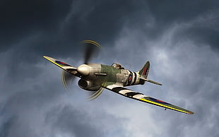 green and white monoplane, planes, sky, clouds, War Thunder
