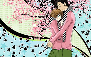 woman and man wearing pink sweater under cherry blossom tree HD wallpaper
