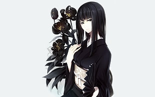 black haired girl anime in black yukata holding black flowers illustration