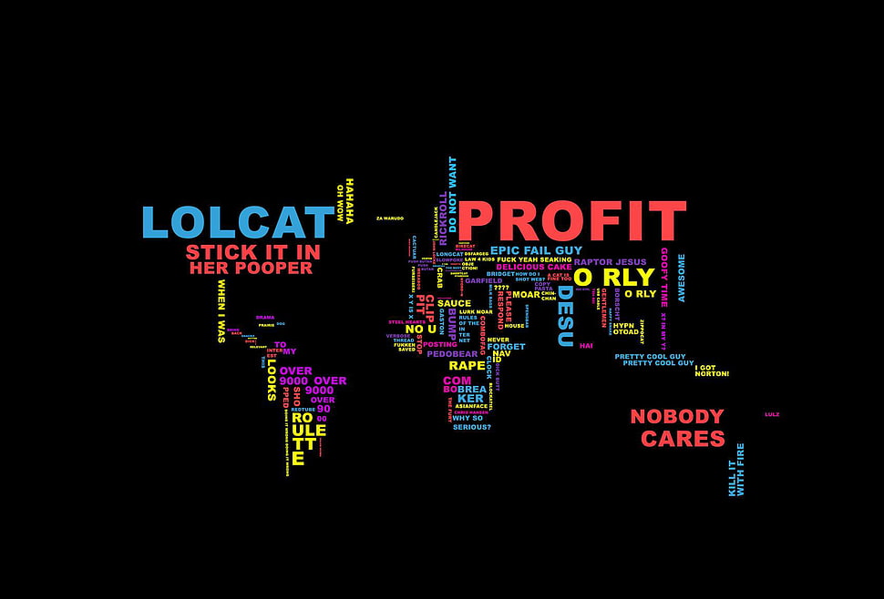 Lolcat profit illustration, map, world, word clouds, 4chan HD wallpaper