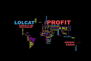 Lolcat profit illustration, map, world, word clouds, 4chan HD wallpaper