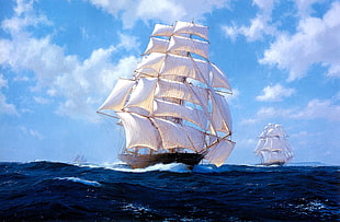 two brown sailing ship digital wallpaper, sailing ship, sea, artwork, vehicle