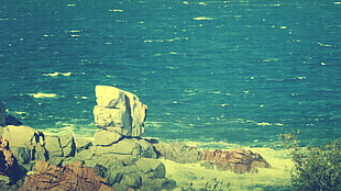 rock formation beside body of water, nature, filter, sea