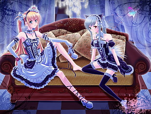 three girl anime character sitting on loveseat illustration